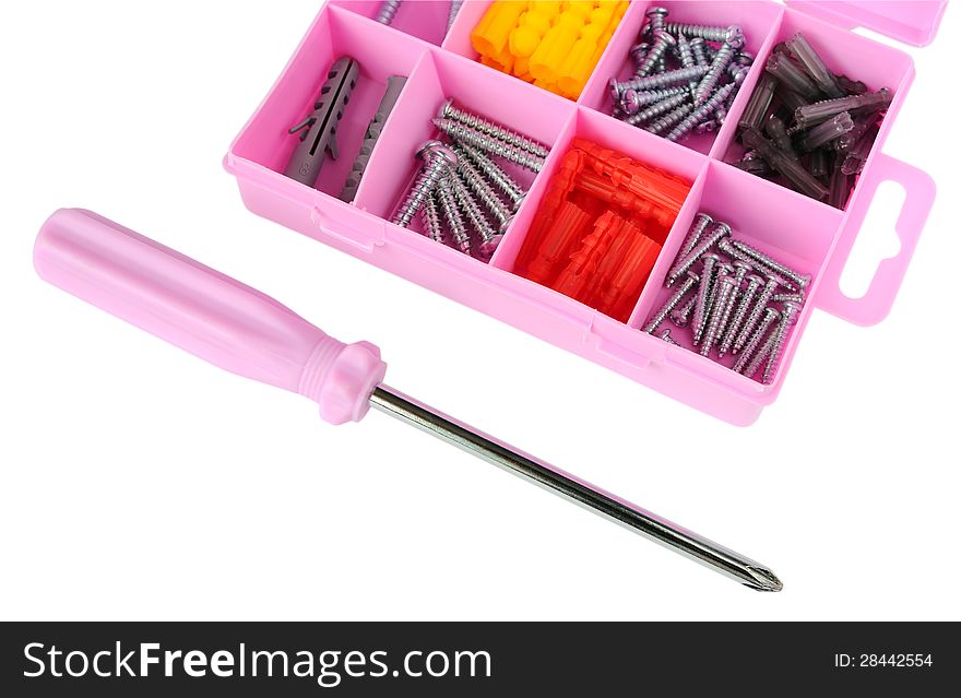 Pink Box With Screws And Screwdriver