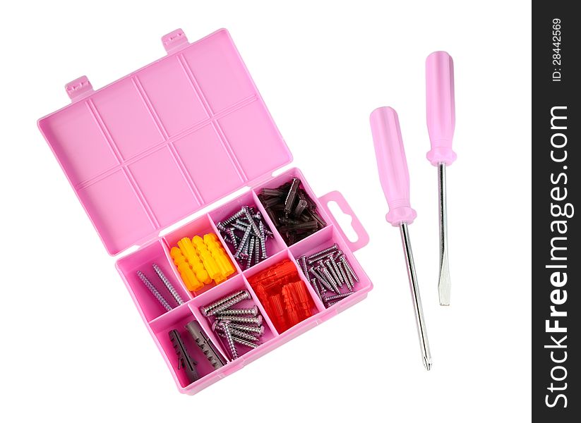 Pink Box With Screws And Screwdrivers