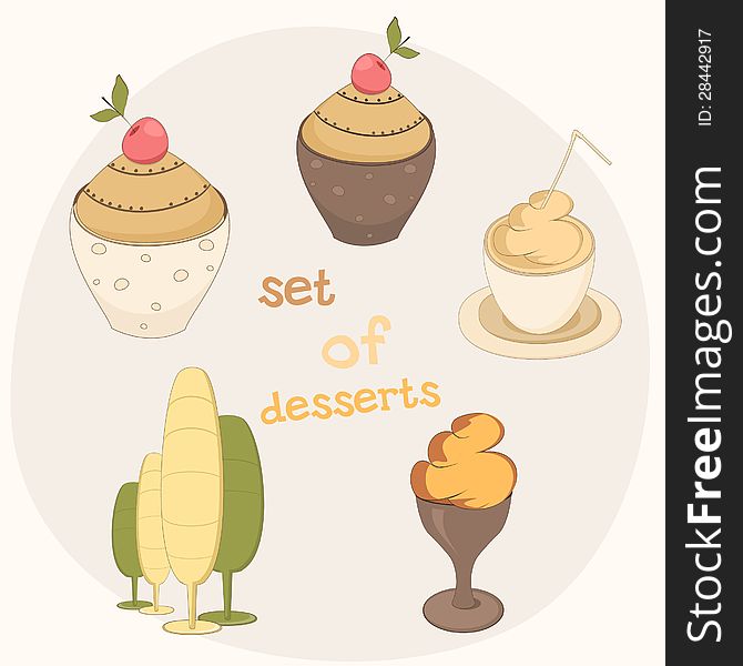 Set of 5 stylized desserts. Set of 5 stylized desserts