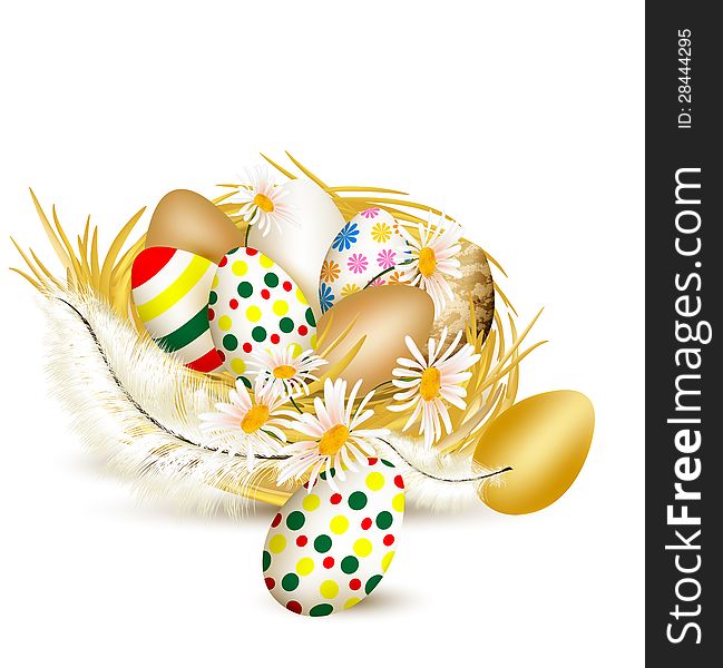 Colorful Vector  Easter Eggs In Nest With Ferns On A White Backg