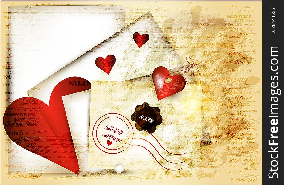 Valentine vector Cute grunge valentine background with red heart, paper and words