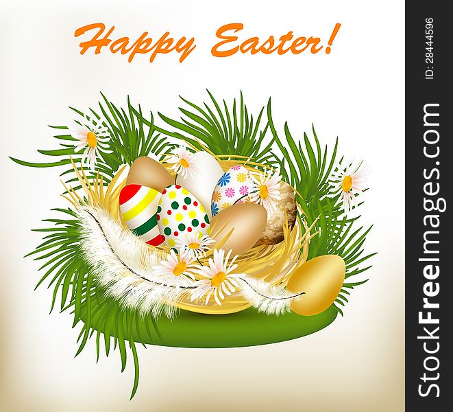 Easter Greeting Card With Colorful Eggs, Green Grass And Nest