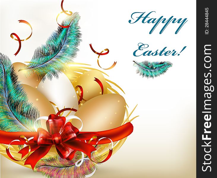 Pretty Easter greeting card with nest, eggs and ferns