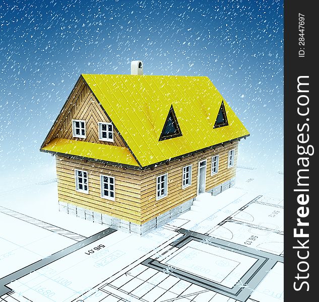 Classical mountain cottage with layout plan and falling snow illustration