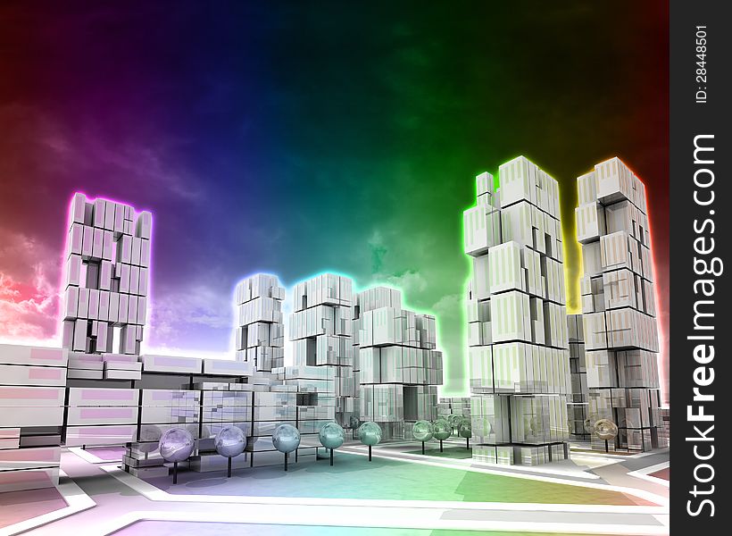 Futuristic Skyscraper City Rainbow Vertically Colored