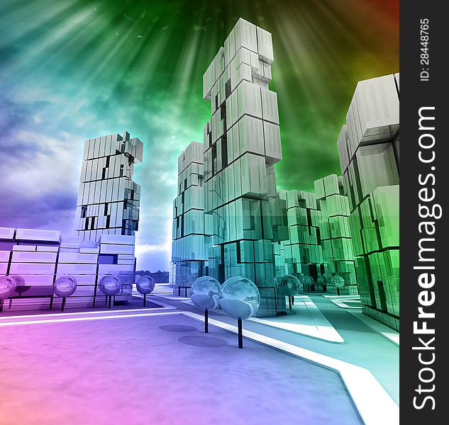 Business modern city rainbow colored with flare