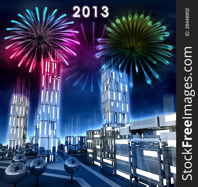 Modern City With Alighted Windows Celebrate New Year 2013