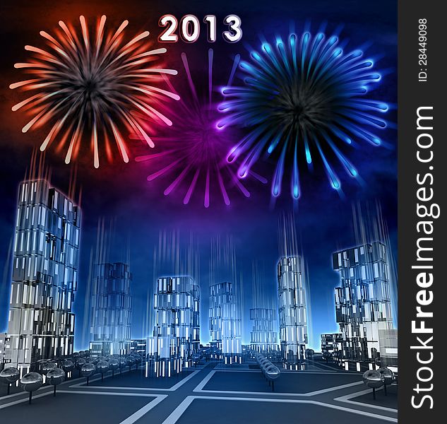 Midnight firework new year celebration over skyscraper city illustration