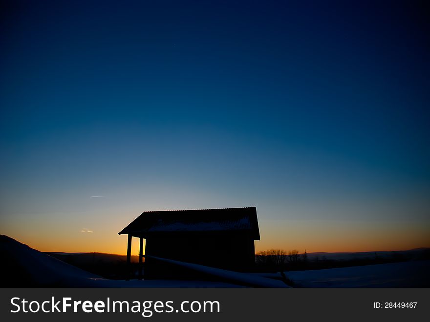 Sunset house during the winter