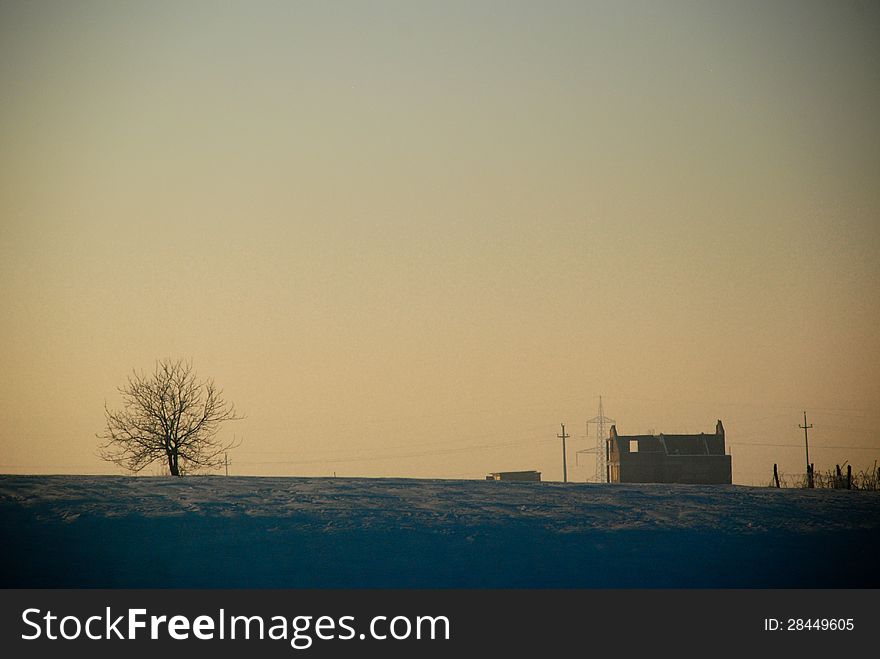An house and a tree sunshine during the winter. An house and a tree sunshine during the winter