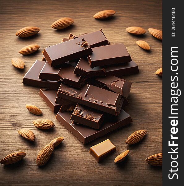 Chocolate With Almonds On Wooden Background