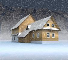 Classical Mountain Cottage At Night Snowfall Royalty Free Stock Photo