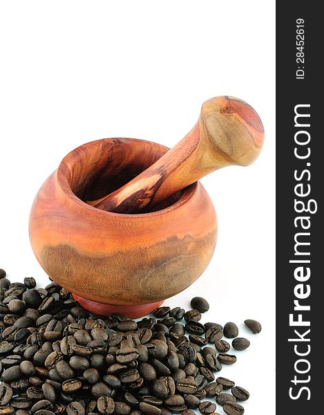 Mortar and pestle and  black coffee