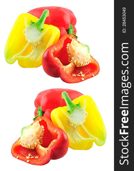 Collage of one whole and two halves, bell pepper and isolated against a white background. Collage of one whole and two halves, bell pepper and isolated against a white background