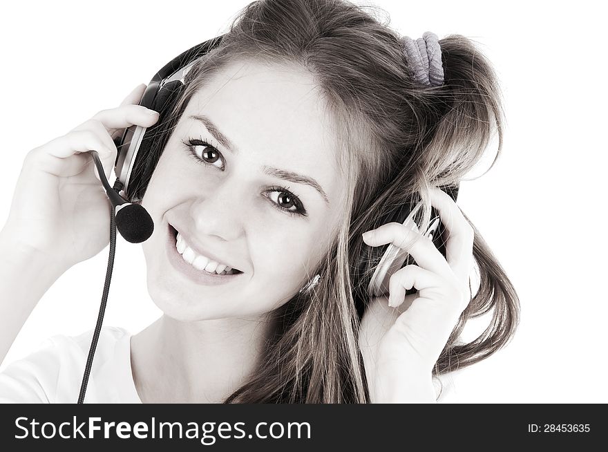 Headset Woman In Call Center Standing At Billboard