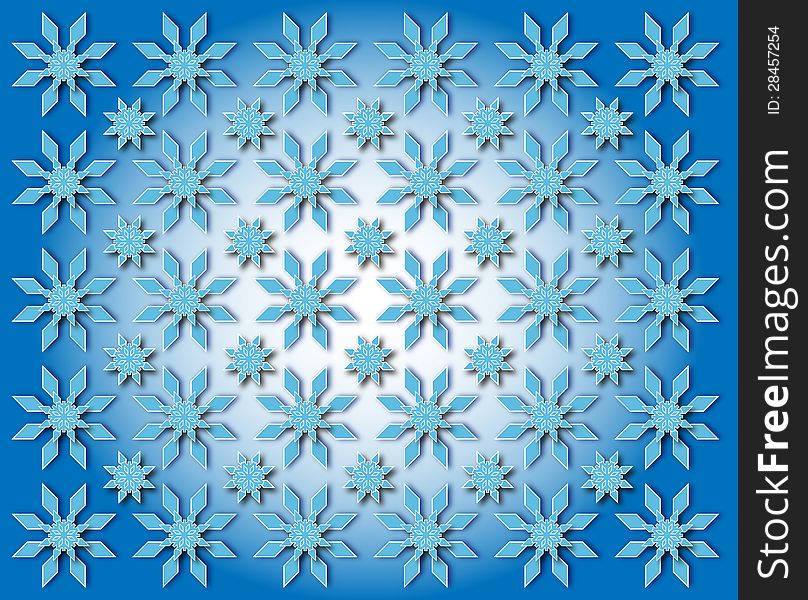 Stars in the shape of snowflakes on a blue winter background