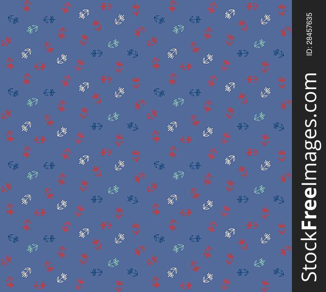 Vector Pattern, Little Colorful Flowers On Blue