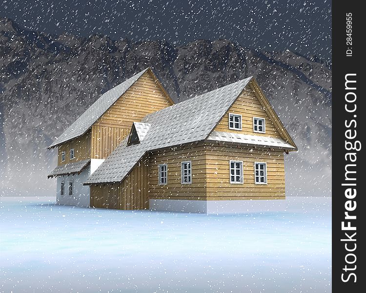 Classical Mountain Cottage At Night Snowfall