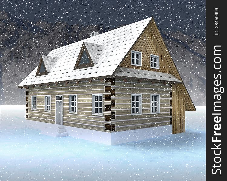 Classical Mountain Hut At Night Snowfall