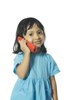 Little Girl Holding Red Wireless Telephone Stock Photos Little Girl Holding Red Wireless Telephone Stock Photos
