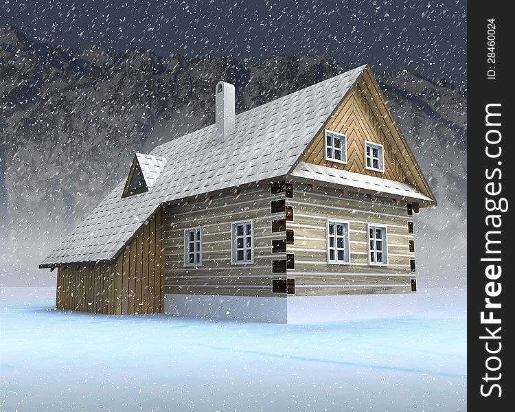 Classical mountain cabin at night snowfall