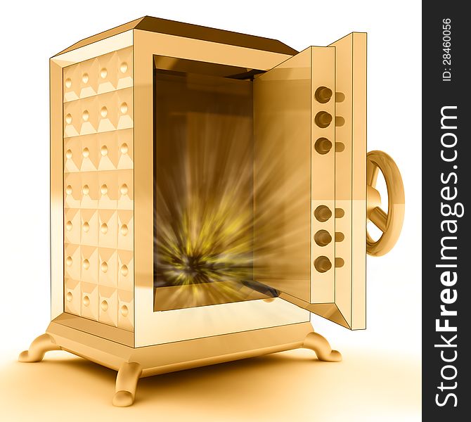 Impregnable gold metallic opened vault with flare render illustration