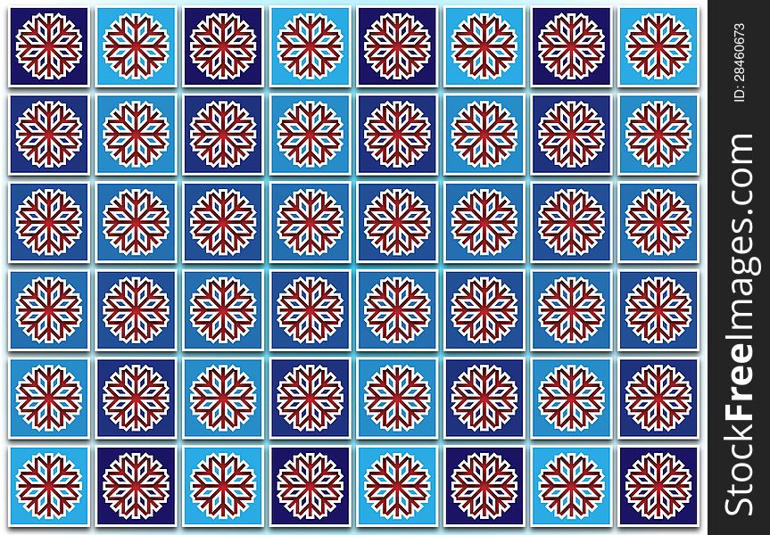 Winter background with snowflakes made up of squares on the grid