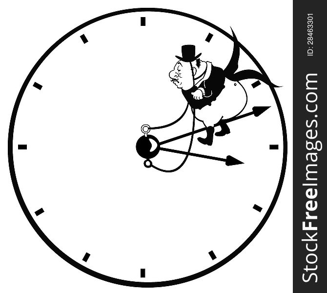 Senior man with clock,black and white cartoon illustration. Senior man with clock,black and white cartoon illustration