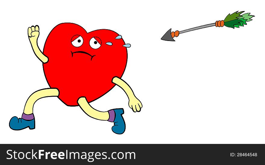 A heart with arms and legs is running away from an arrow. A heart with arms and legs is running away from an arrow