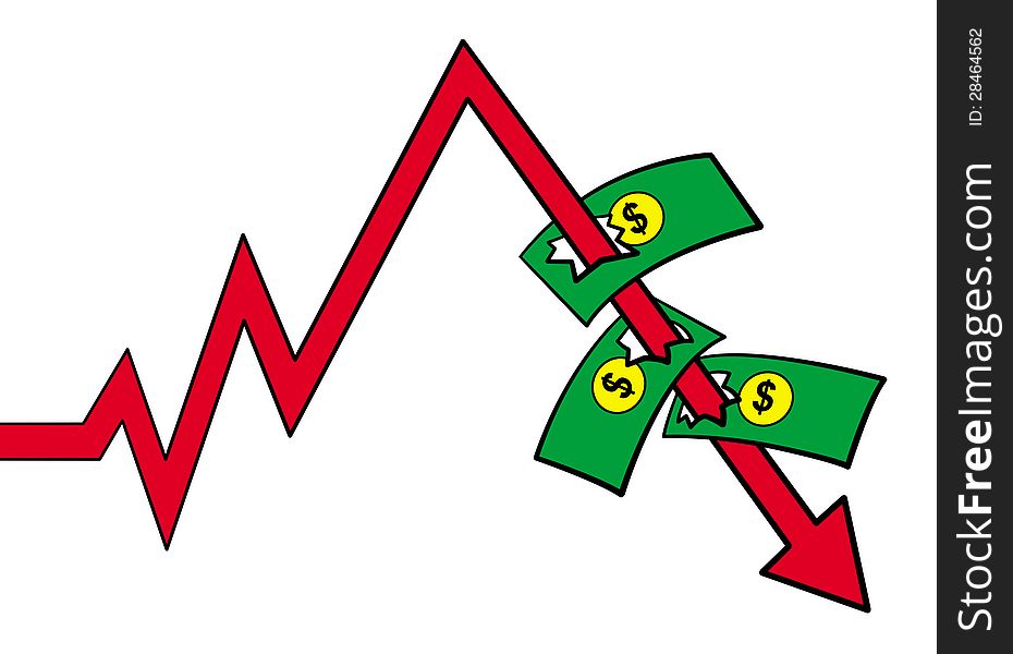 An arrow graph is tearing dollar bills on it's downward path. An arrow graph is tearing dollar bills on it's downward path