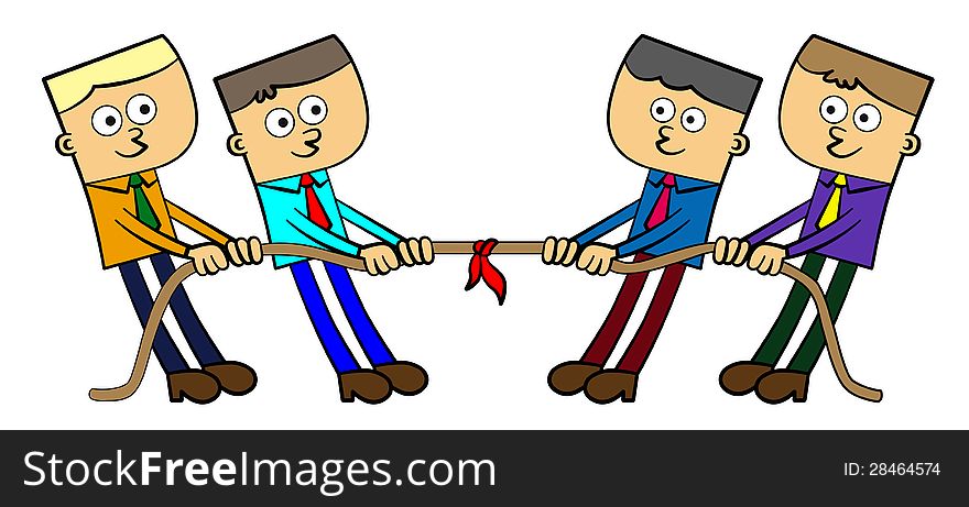 A cartoon illustration of four business men having a tug of war. A cartoon illustration of four business men having a tug of war