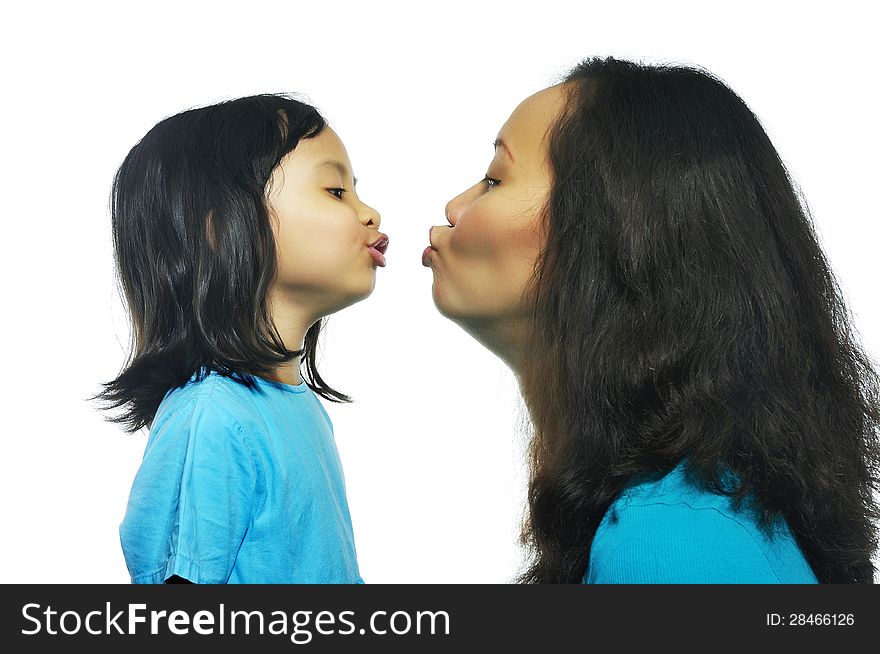 Portrait of happy mother and daughter isolated over white background. Portrait of happy mother and daughter isolated over white background