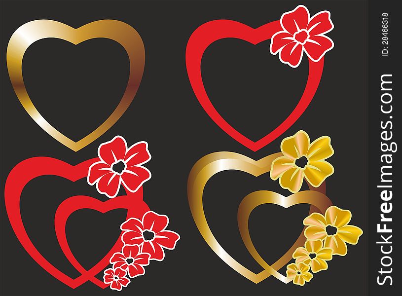Red and gold hearts with floral decoration on black background