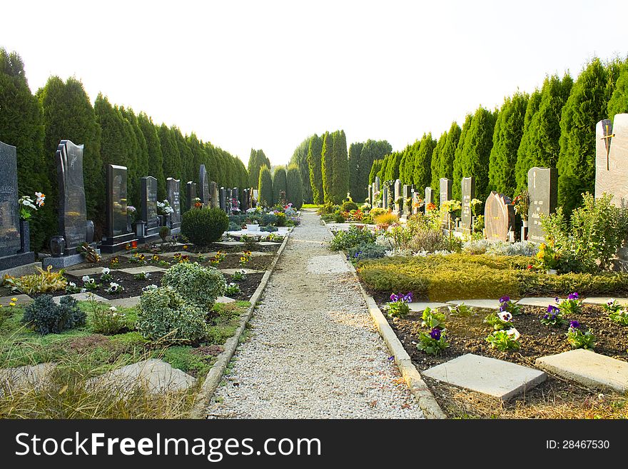 A beautiful cemetery with a lot of plants.