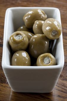 Green Olives In A White Bowl Royalty Free Stock Photos