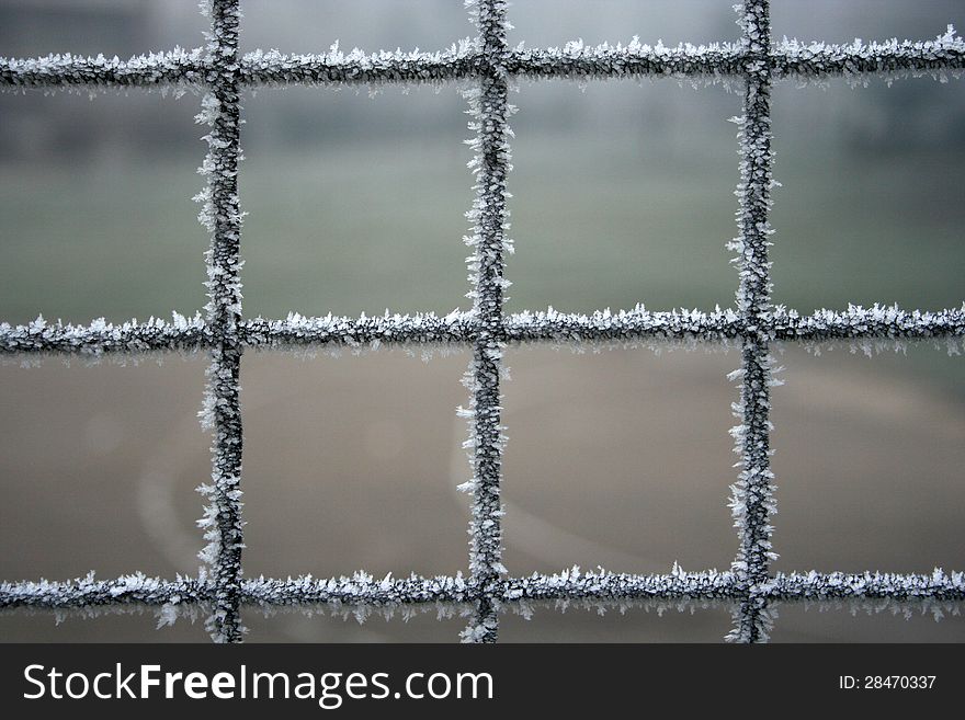 Frozen balustrade as winter scene background