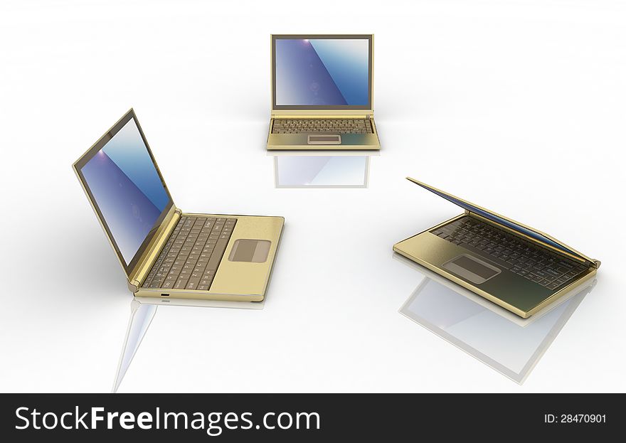 Three laptops over white background. Three laptops over white background