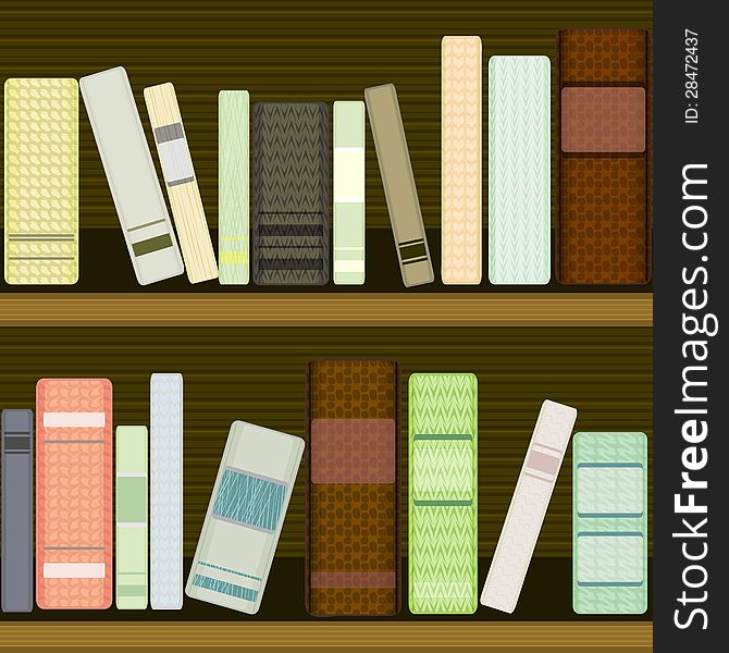 Seamless dark texture of wooden bookshelf with textured books. Seamless dark texture of wooden bookshelf with textured books