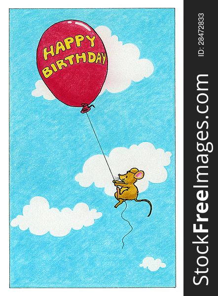 Pencil illustration of a mouse holding a birthday balloon. Pencil illustration of a mouse holding a birthday balloon