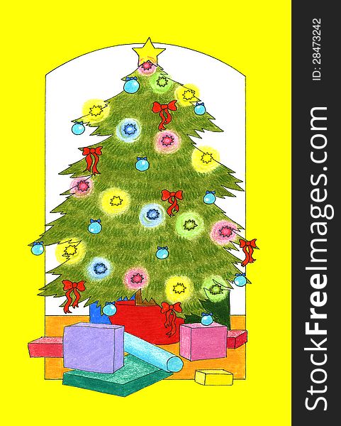 Pencil illustration of a Christmas tree and presents