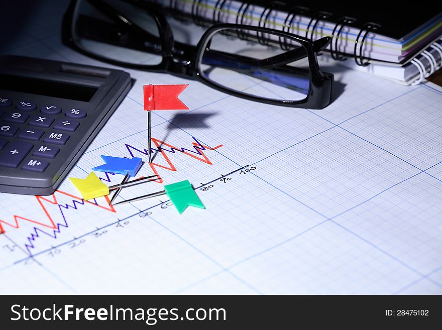 Calculator near red pin and spectacles on graph paper with diagram. Calculator near red pin and spectacles on graph paper with diagram