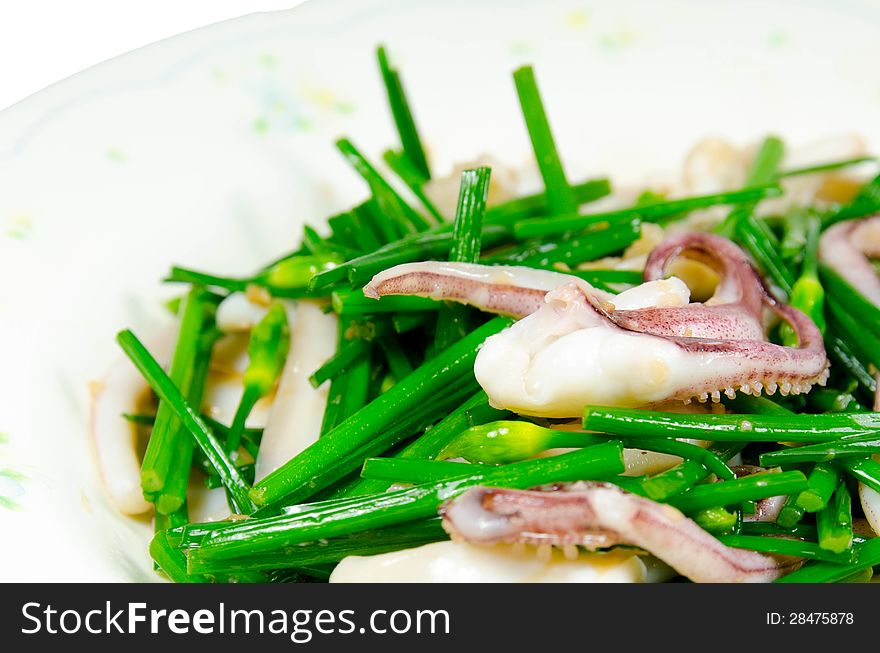 Stir-fried vegetables with Kuicheai flower with squid, Chinese