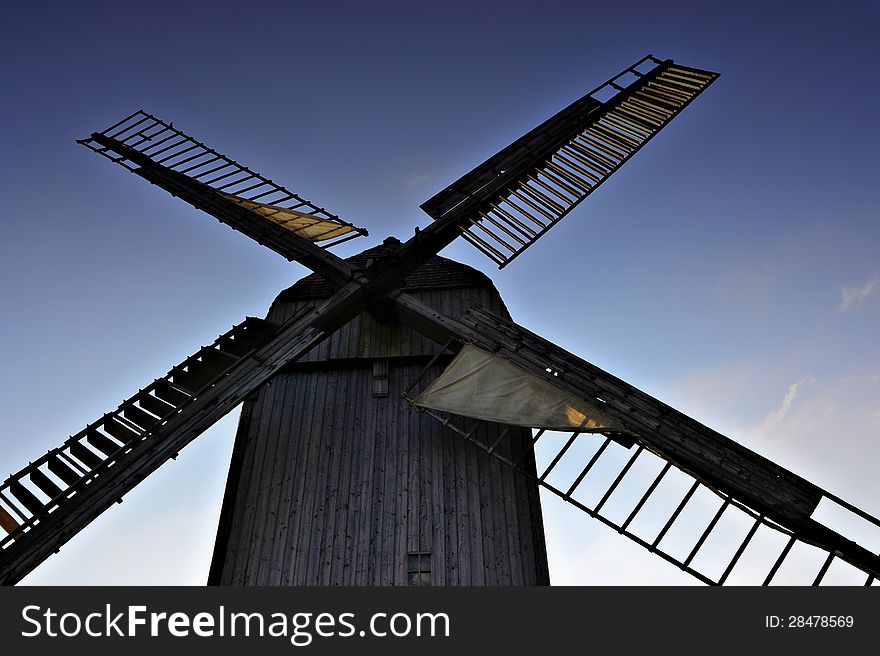 Historic wooden windmill in a village near Magdeburg