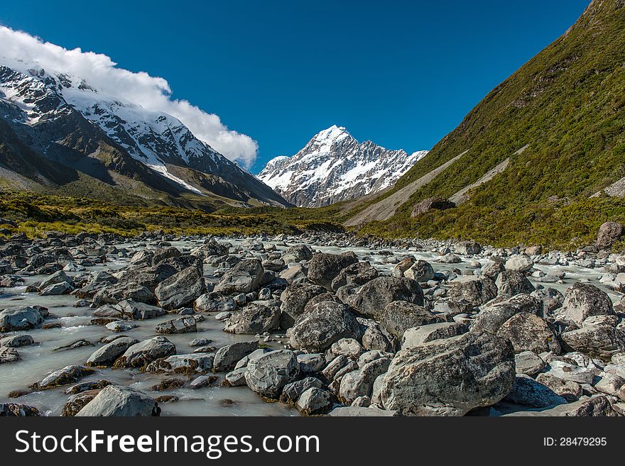 Stream in valley with Mt.Cook in background. Stream in valley with Mt.Cook in background.