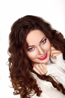 Portrait Of Beautiful Brunette Woman In White Knitted Jersey - Pretty Smile Stock Photography