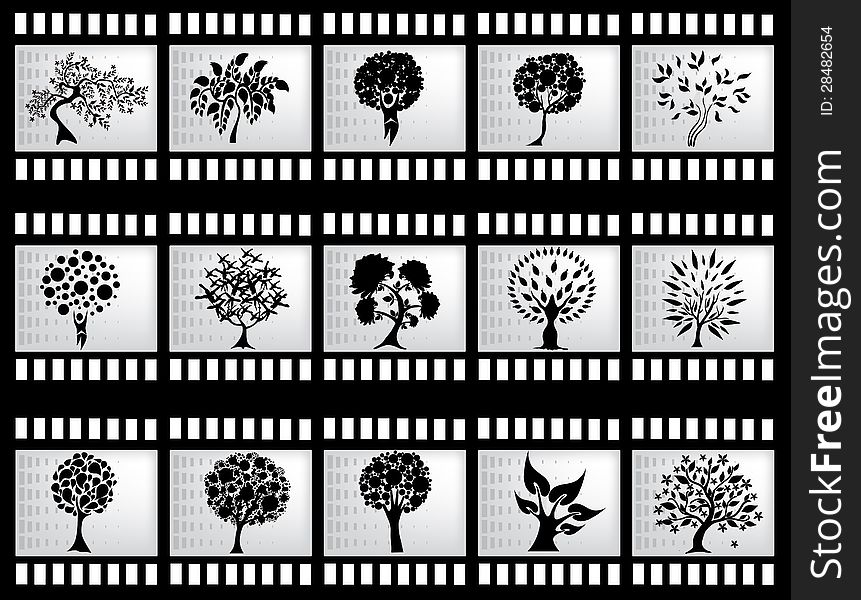 Film strip with 15 tree silhouettes for your design. Film strip with 15 tree silhouettes for your design