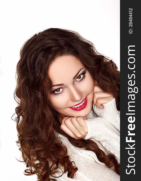 Portrait Of Beautiful Brunette Woman In White Knitted Jersey - Pretty Smile