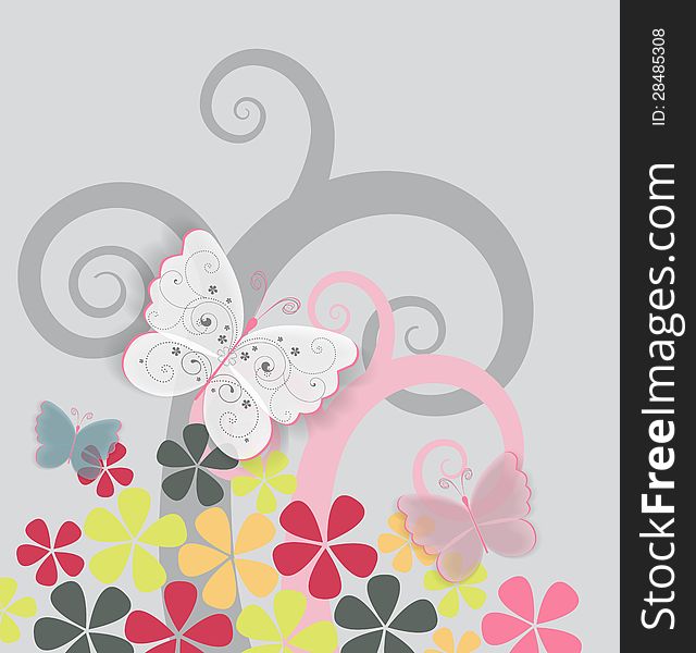 Colorful flowers and butterflies on gray background. Colorful flowers and butterflies on gray background