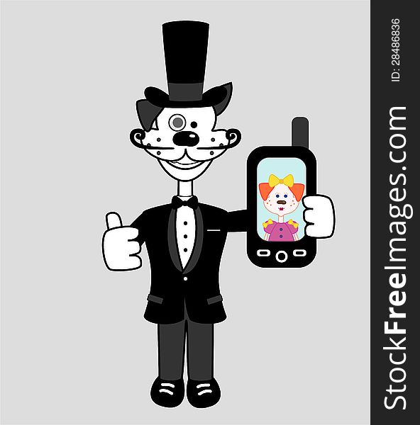 Illustration of gentleman dog in tuxedo with mobile phone. Illustration of gentleman dog in tuxedo with mobile phone