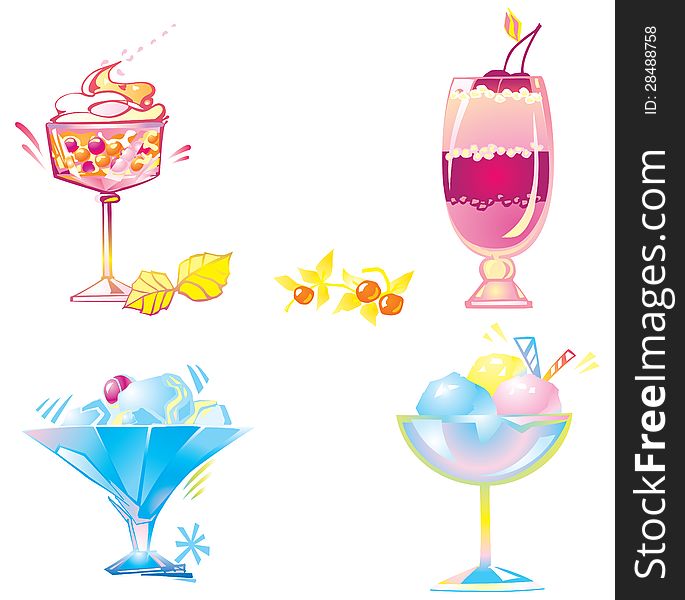 Vector illustration of ice-cream, whipped cream and cocktail on white background. Vector illustration of ice-cream, whipped cream and cocktail on white background